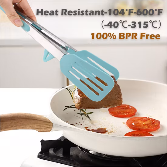 Heat Resistance 9/12 Inch Stainless Steel Handle Kitchen Cooking Utensils Set Silicone Food Clip